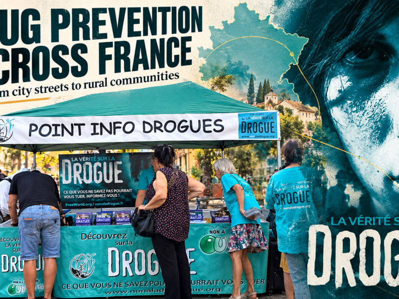 Voluntarios franceses de Scientology llevan la prevención de las drogas de las calles de las ciudades a las comunidades rurales
